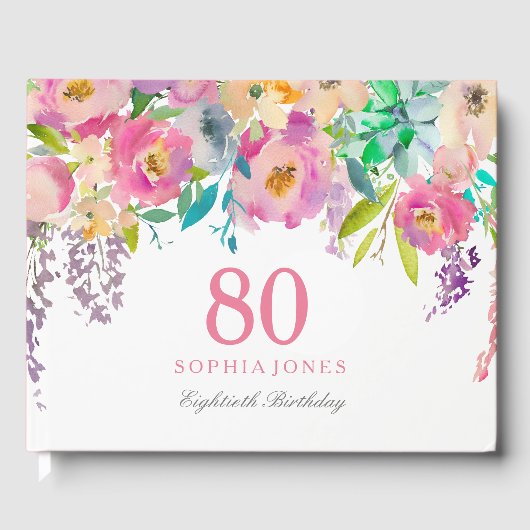 Pastel Waterverf Flowers 80th Birthday Party Gastenboek (Voorkant)
