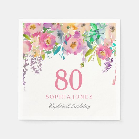 Pastel Waterverf Flowers 80th Birthday Party Servet (Voorkant)