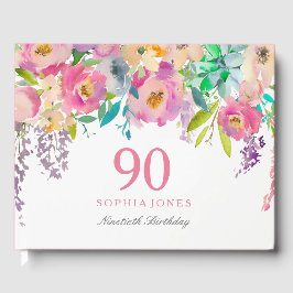 Pastel Waterverf Flowers 90th Birthday Party Gastenboek