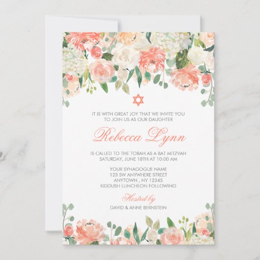 Pastel Waterverf Flowers Bat Mitzvah Kaart (Voorkant)