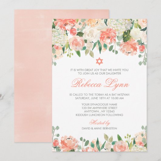 Pastel Waterverf Flowers Bat Mitzvah Kaart (Voorkant / Achterkant)