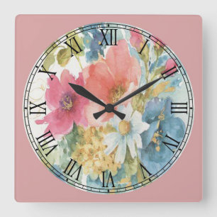 Pastel Waterverf Flowers Fine Art Vierkante Klok