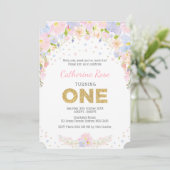 Pastel Waterverf Flowers First Birthday Invite Kaart (Staand voorkant)