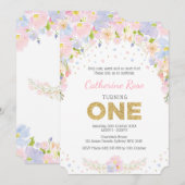 Pastel Waterverf Flowers First Birthday Invite Kaart (Voorkant / Achterkant)