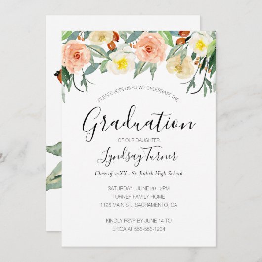 Pastel Waterverf Flowers Graduparty Kaart (Voorkant / Achterkant)