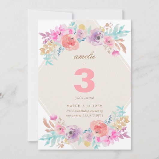 Pastel Waterverf Flowers Kids Birthday Uitnodiging (Voorkant)