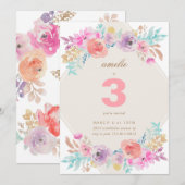 Pastel Waterverf Flowers Kids Birthday Uitnodiging (Voorkant / Achterkant)