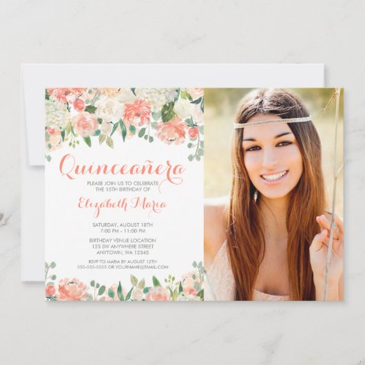 Pastel Waterverf Flowers Quinceañera Foto Kaart (Voorkant)