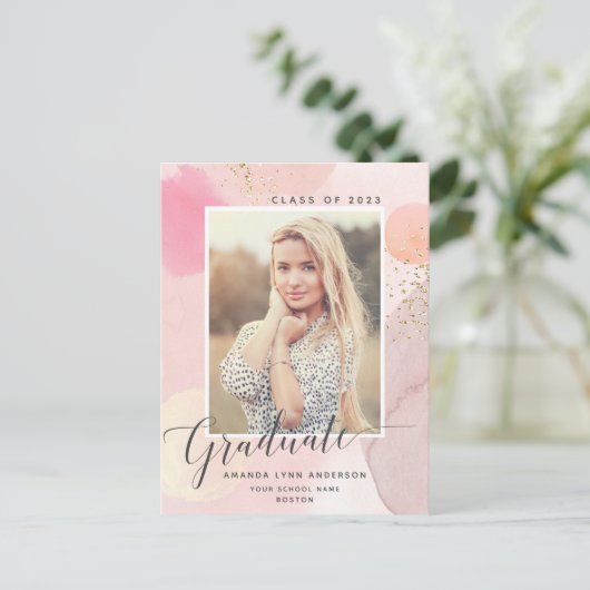Pastel Waterverf Foto Afstuderen aankondiging Briefkaart (Staand voorkant)