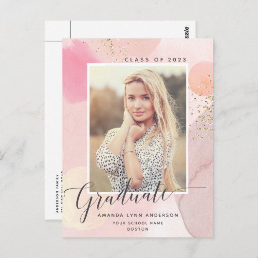 Pastel Waterverf Foto Afstuderen aankondiging Briefkaart (Voorkant / Achterkant)