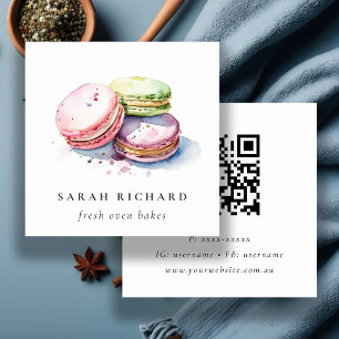 Pastel Waterverf Franse Macarons Bakkerij QR Code Vierkante Visitekaartje