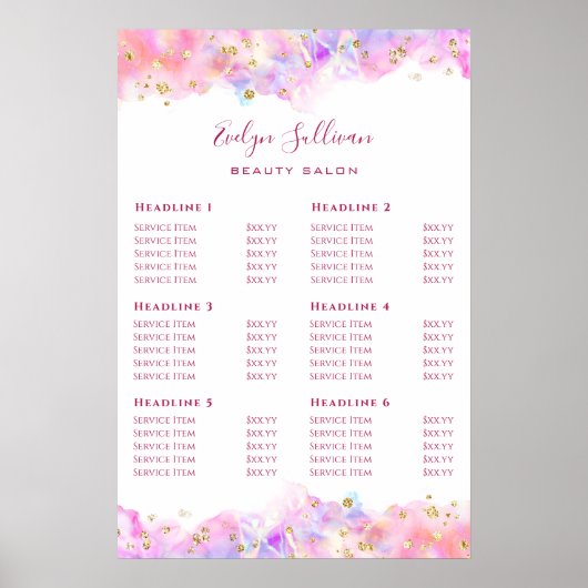 Pastel Waterverf Glitter Price List Poster (Voorkant)