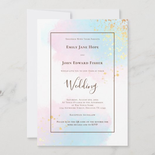 Pastel Waterverf Gold Splashes QR Code Weddenschap Kaart (Voorkant)