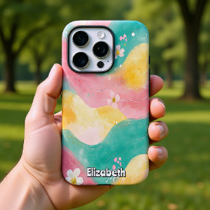 Pastel Waterverf Golven en bloemen iPhone 16 Pro Hoesje