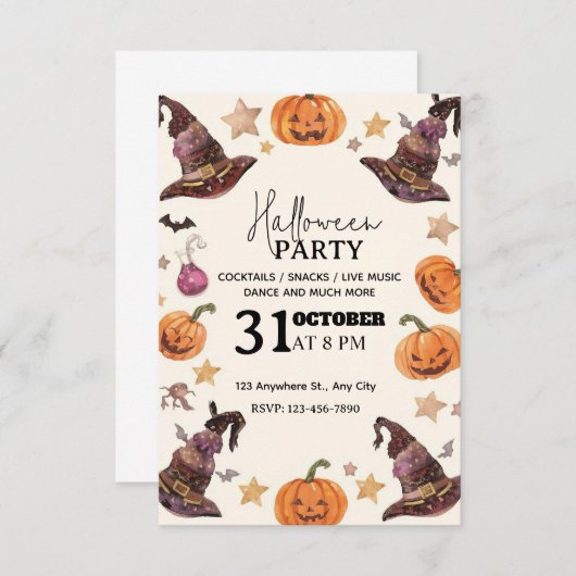 Pastel Waterverf Halloween Uitnodiging (Voorkant / Achterkant)