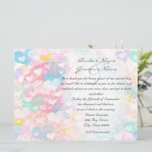 Pastel Waterverf Hearts Repetitie Diner Uitnodigt Kaart (Staand voorkant)