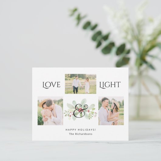 Pastel Waterverf Kerstmis Floral 3-foto's Feestdagenkaart (Staand voorkant)