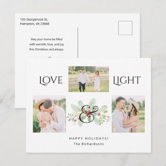 Pastel Waterverf Kerstmis Floral 3-foto's Feestdagenkaart (Voorkant / Achterkant)