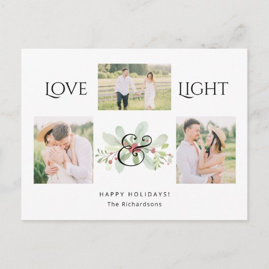 Pastel Waterverf Kerstmis Floral 3-foto's Feestdagenkaart (Voorkant)