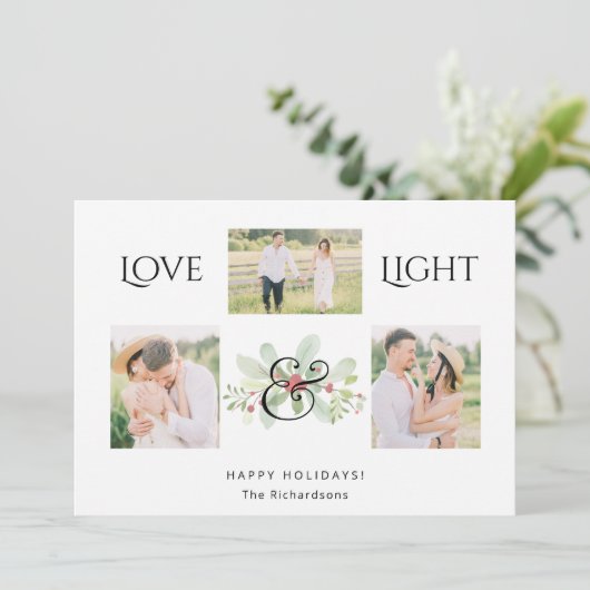 Pastel Waterverf Kerstmis Floral 3-foto's Feestdagenkaart (Staand voorkant)