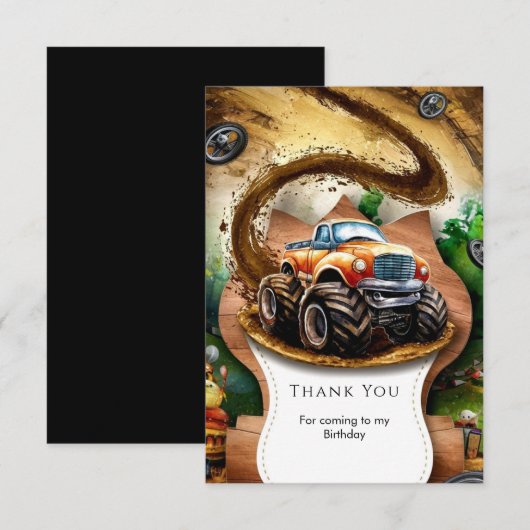 Pastel Waterverf Kinderen Monster Truck Verjaardag Bedankkaart (Voorkant / Achterkant)