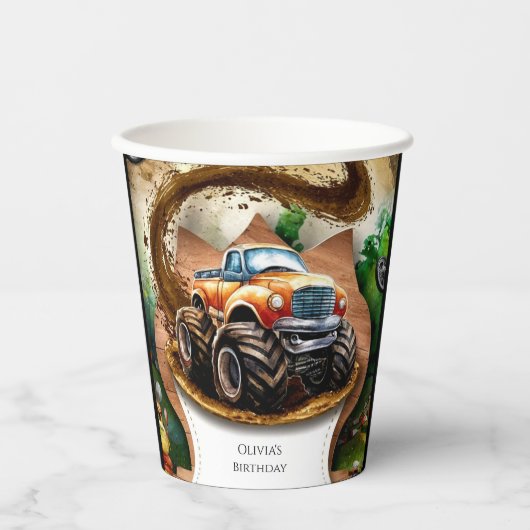 Pastel Waterverf Kinderen Monster Truck Verjaardag Papieren Bekers (Voorkant)