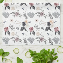 Pastel Waterverf Kleurrijke Rozen Grijze bladeren Theedoek