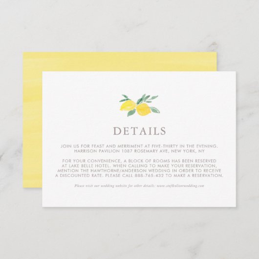Pastel Waterverf Lemon Summer Weddenschap Details Informatiekaartje (Voorkant / Achterkant)