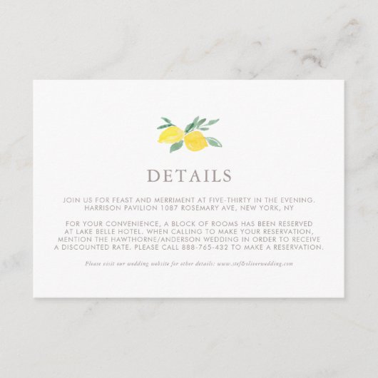 Pastel Waterverf Lemon Summer Weddenschap Details Informatiekaartje (Voorkant)