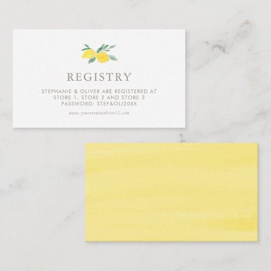 Pastel Waterverf Lemon Summer Wedding Registry Informatiekaartje (Voorkant / Achterkant)