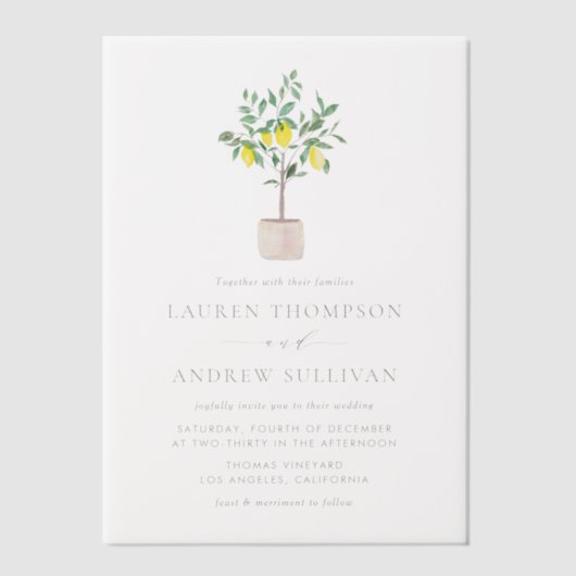 Pastel Waterverf Lemon Tree Summer Weddenschap Vellum Uitnodigingen (Voorkant)