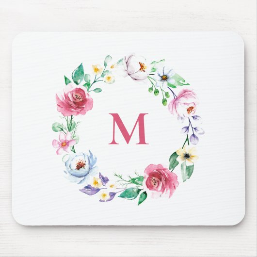 Pastel Waterverf Lente Bloemen Krans Monogram Muismat (Voorkant)