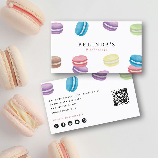 Pastel Waterverf Macarons gebak Chef QR-code Visitekaartje