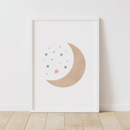 Pastel Waterverf Moon en Stars Nursery Poster
