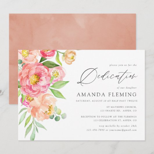 Pastel Waterverf Peonies Baptism of Christening Kaart (Voorkant / Achterkant)