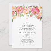 Pastel Waterverf Peonies Eerste Heilige Communie Kaart (Voorkant)