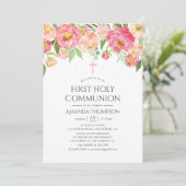 Pastel Waterverf Peonies Eerste Heilige Communie Kaart (Staand voorkant)