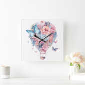 PASTEL WATERVERF PINK BLUE HOT AIR BALLOON VIERKANTE KLOK (Huis)