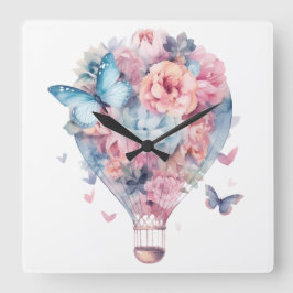 PASTEL WATERVERF PINK BLUE HOT AIR BALLOON VIERKANTE KLOK