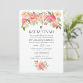Pastel Waterverf Pioenen Bat Mitzvah Kaart (Staand voorkant)