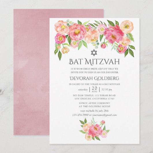 Pastel Waterverf Pioenen Bat Mitzvah Kaart (Voorkant / Achterkant)