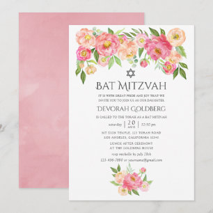 Pastel Waterverf Pioenen Bat Mitzvah Kaart