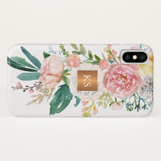 Pastel waterverf pioenen metallisch kopermonogram Case-Mate iPhone case (Achterkant (horizontaal))