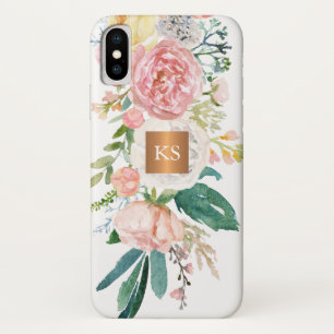 Pastel waterverf pioenen metallisch kopermonogram Case-Mate iPhone case