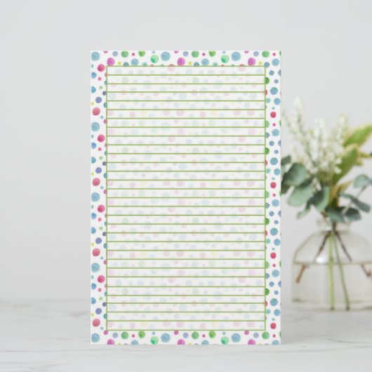 Pastel Waterverf Polka Dots Blauw Groen Lined Briefpapier (Staand voorkant)