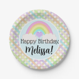 Pastel Waterverf Rainbow Gingham Happy Birthday Papieren Bordje