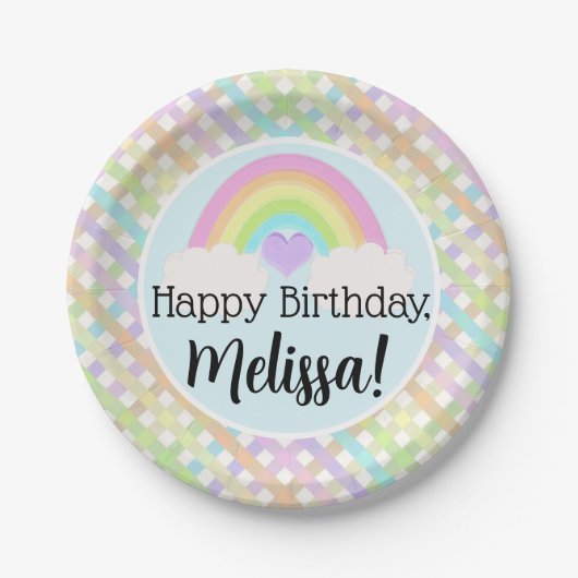 Pastel Waterverf Rainbow Gingham Happy Birthday Papieren Bordje (Voorkant)