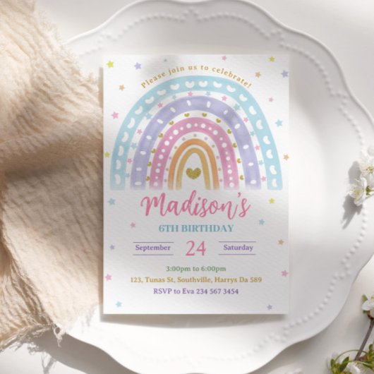 Pastel Waterverf Regenboog Verjaardagsuitnodiging Kaart