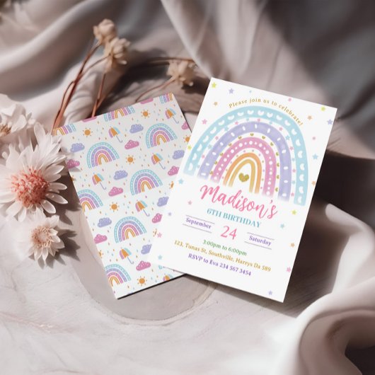 Pastel Waterverf Regenboog Verjaardagsuitnodiging Kaart