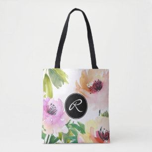 Pastel Waterverf Roos Bloemen met Monogram Tote Bag